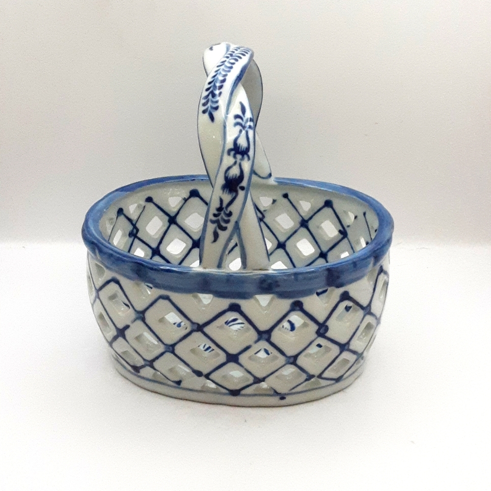 Decorative Ceramic Basket with Handle & Latticework